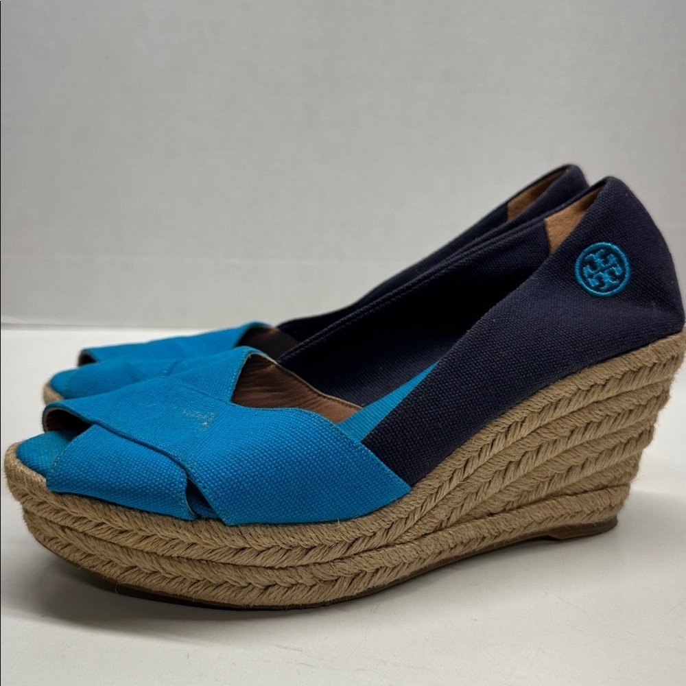 Tory Burch Filipa Heels Canvas Espadrilles Wedges High Heel Shoes Blue Size 8